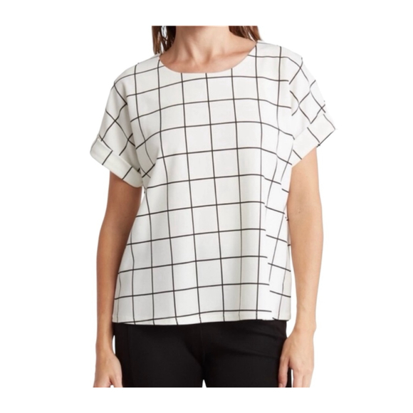Melloday Plaid White Black Grid Top Blouse Small - Picture 1 of 12